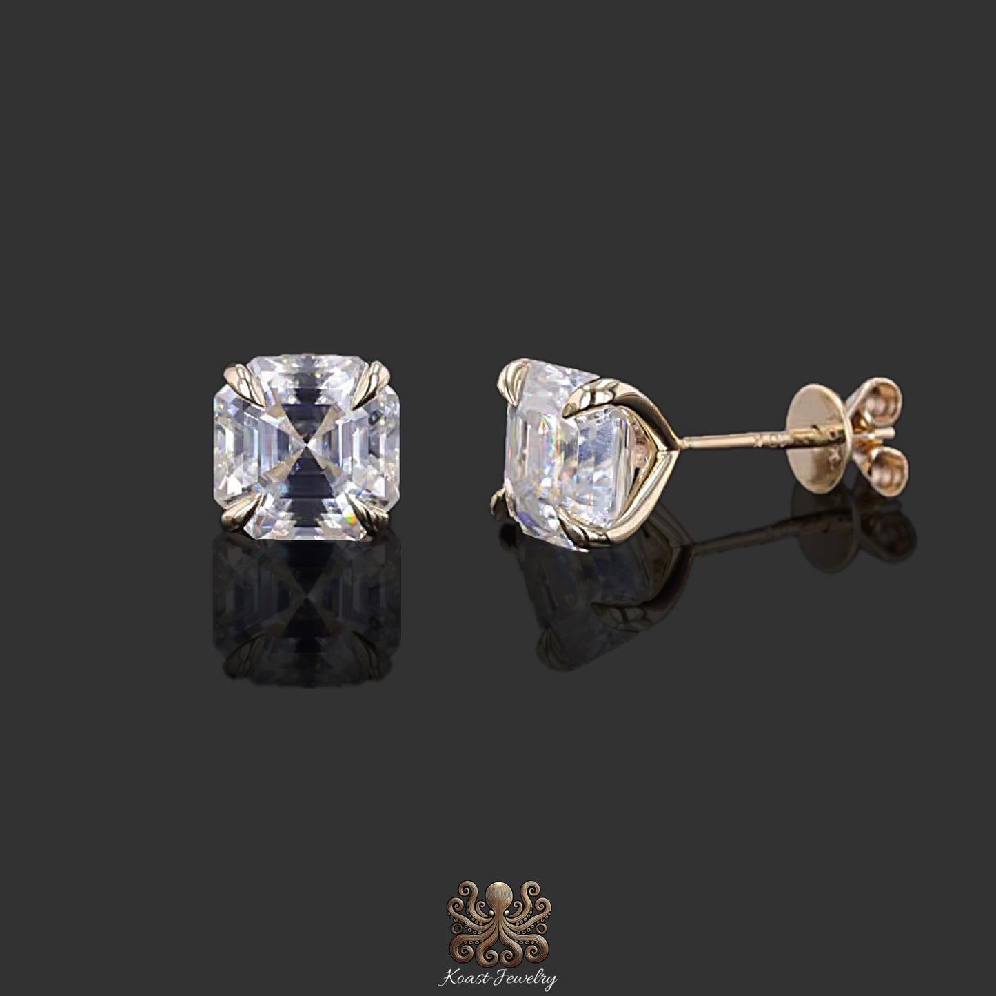 Crab Claw Asscher-Cut Diamond Stud Earrings