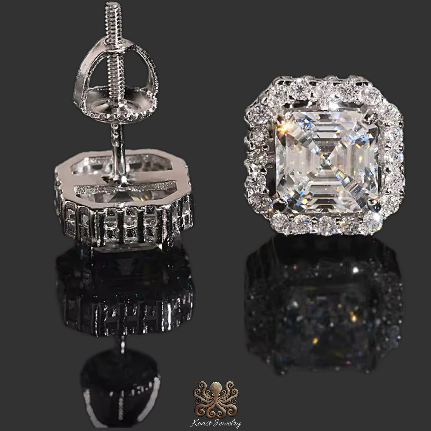 14k Gold 8MM Asscher Cut Diamond Halo Stud Earrings