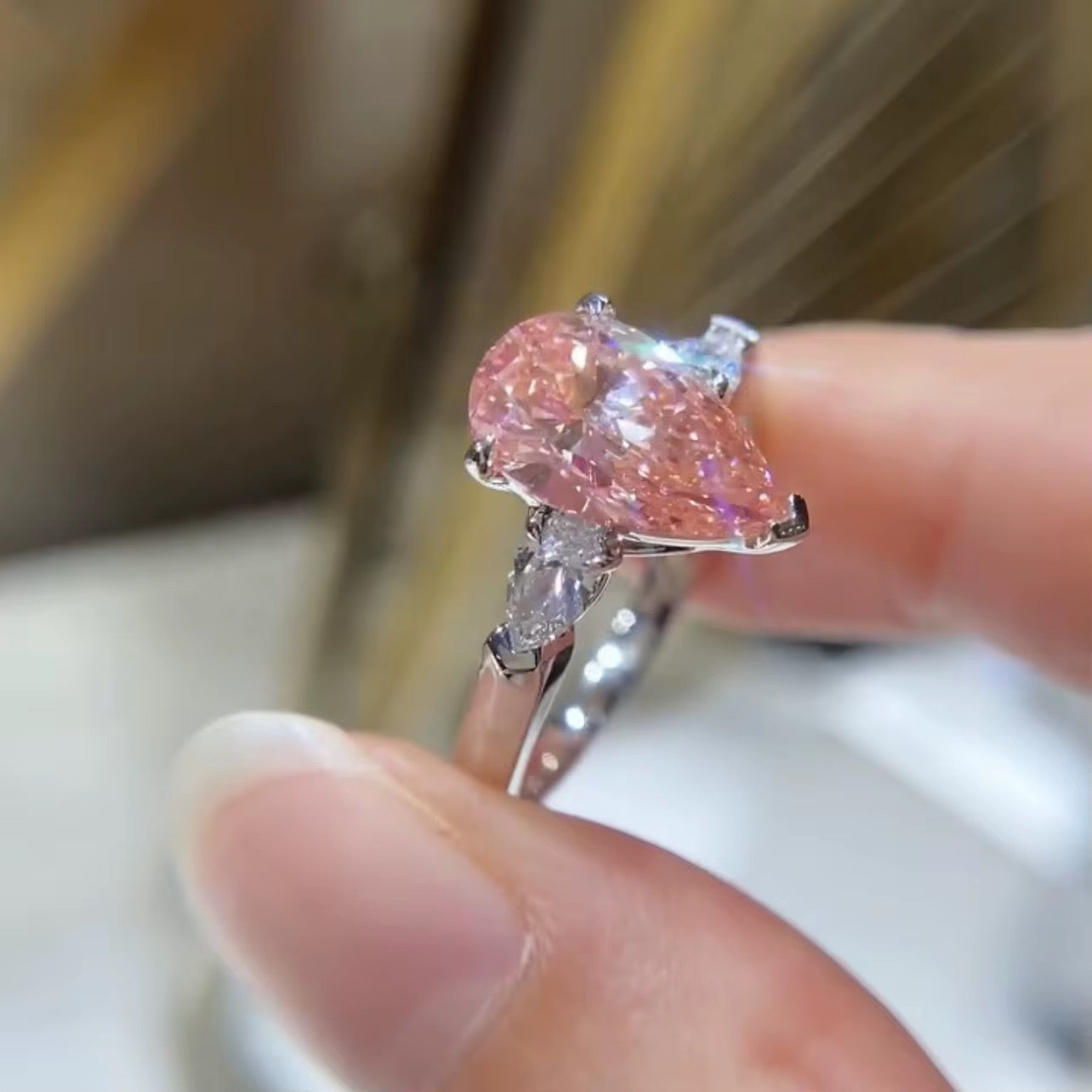 Fancy Pink Pear Diamond Engagement Ring In White Gold