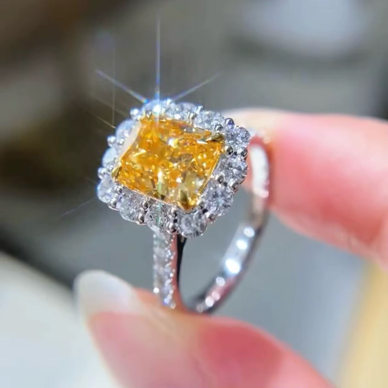 Rectangular Cushion-Cut Fancy Yellow Diamond Engagement Ring In White Gold