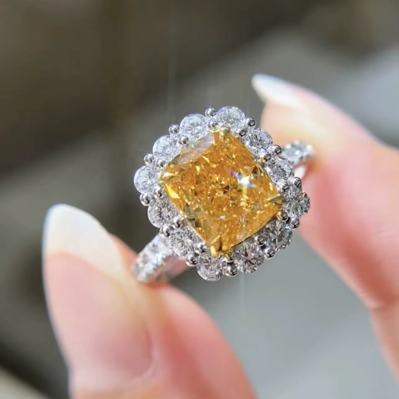 Rectangular Cushion-Cut Fancy Yellow Diamond Engagement Ring In White Gold