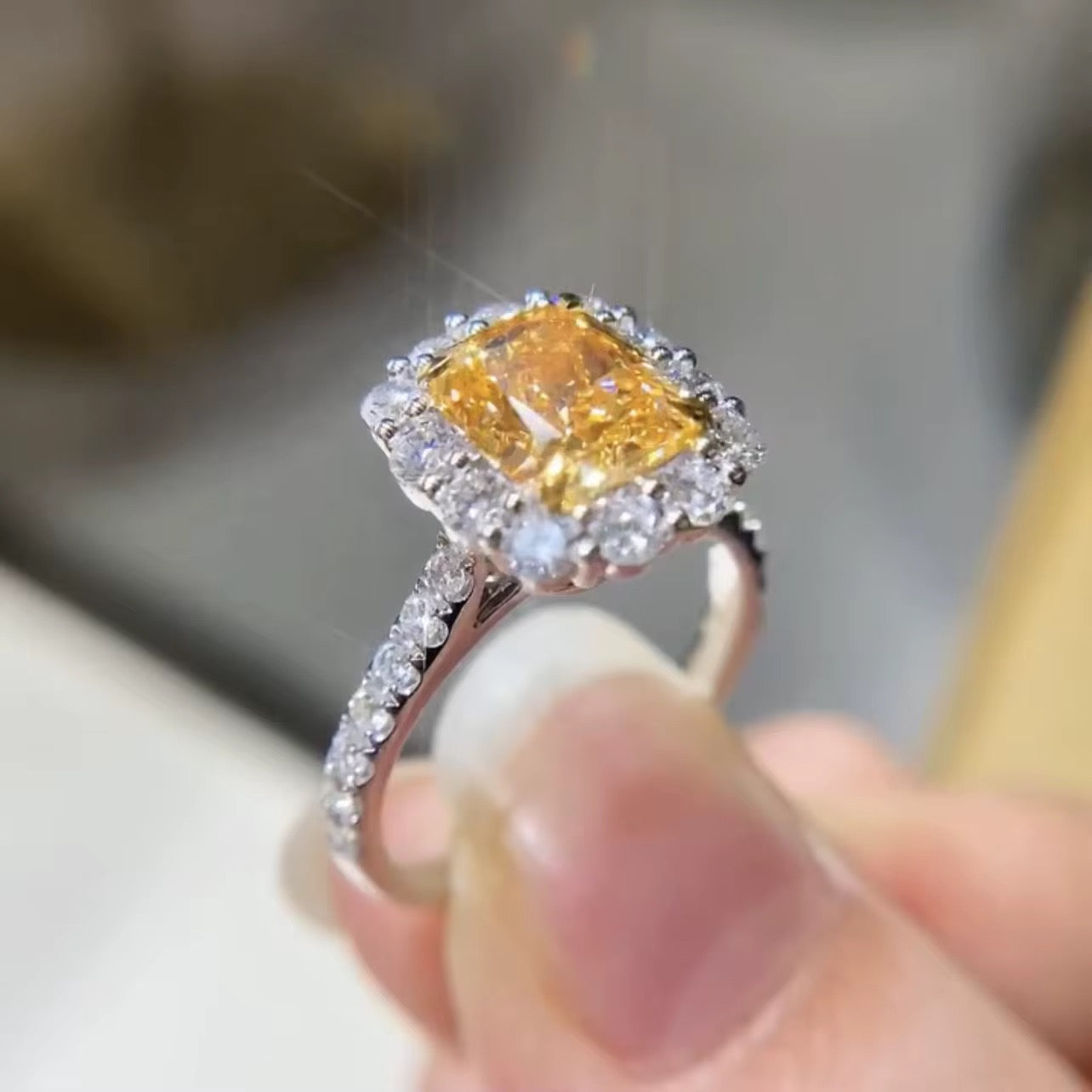 Rectangular Cushion-Cut Fancy Yellow Diamond Engagement Ring In White Gold