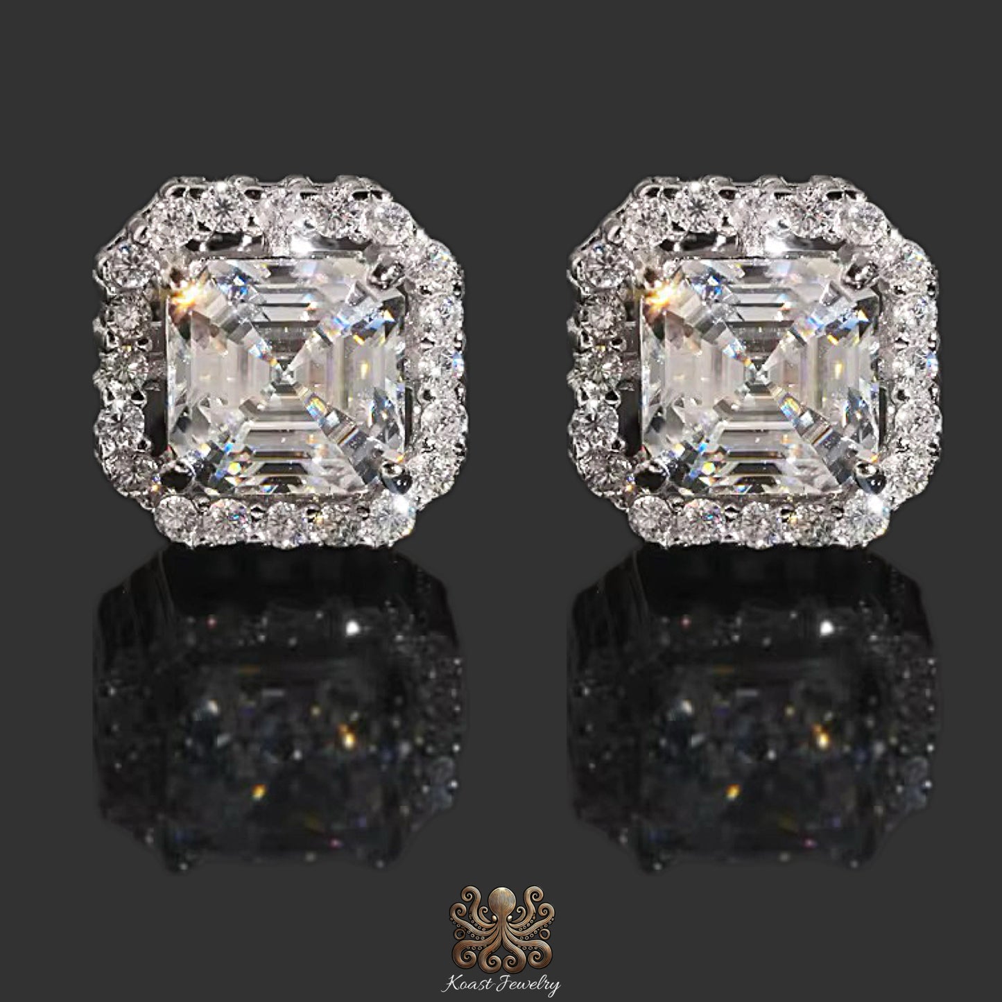 14k Gold 8MM Asscher Cut Diamond Halo Stud Earrings